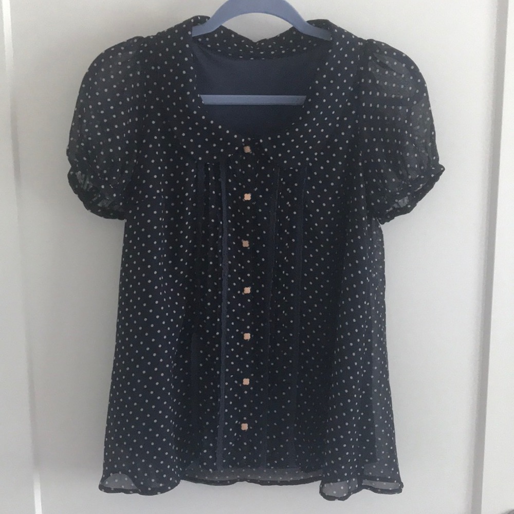 Polka Dot Navy Blouse with Unique Peach Buttons